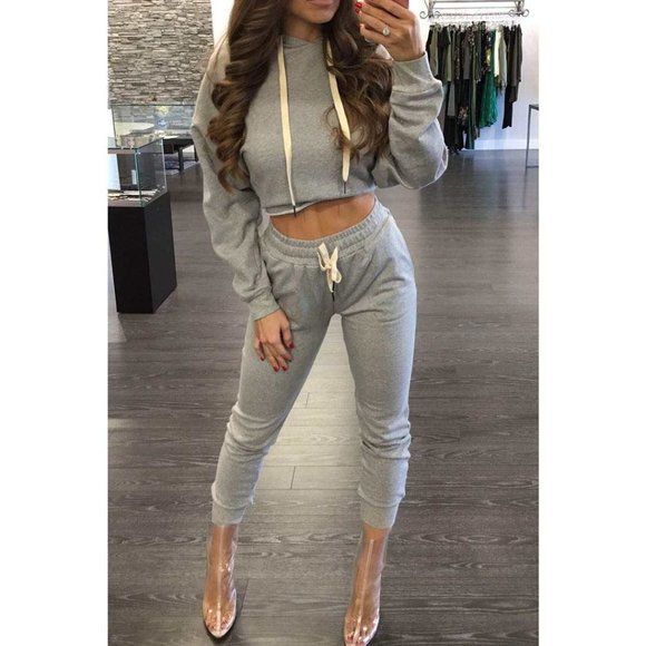 2 Piece Matching Hoodie and Pants Tracksuit Set - Gray Crop Top and Pants Set - Picture 2 of 6